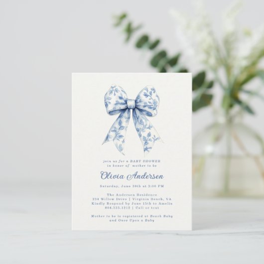 Dusty Blue Floral Chinoiserie Bow Baby shower Briefkaart (Staand voorkant)