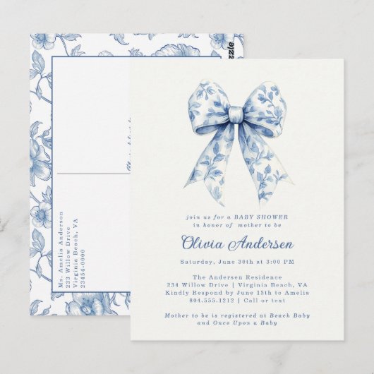 Dusty Blue Floral Chinoiserie Bow Baby shower Briefkaart (Voorkant / Achterkant)