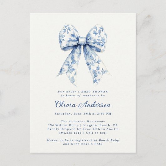Dusty Blue Floral Chinoiserie Bow Baby shower Briefkaart (Voorkant)