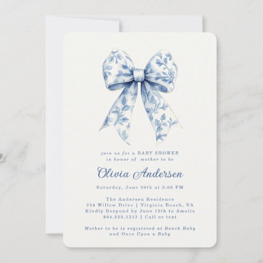 Dusty Blue Floral Chinoiserie Bow Baby shower Kaart (Voorkant)