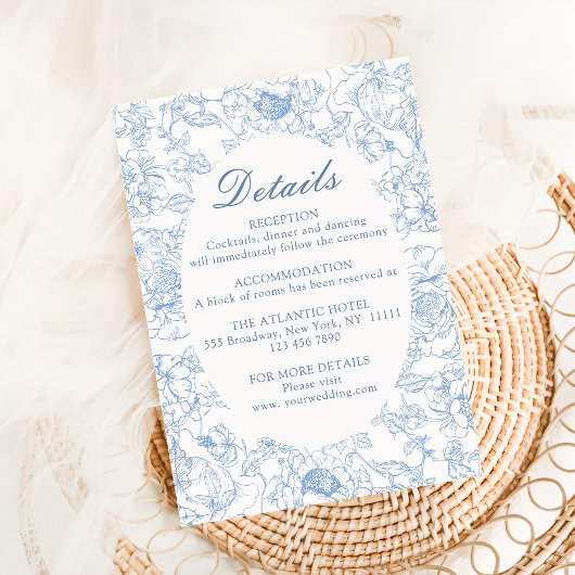 Dusty Blue Floral Chinoiserie Wedding Details Informatiekaartje