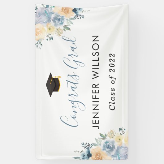 Dusty Blue Floral Congrats Afstudeerder Graduation Spandoek (Verticaal)