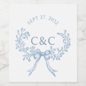  Dusty Blue Floral Coquette Monogram Wijn Etiket (Enkel label)