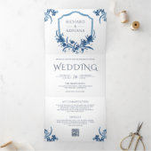 Dusty Blue Floral Crest All in One QR Code Weddens Drieluik Uitnodiging (Binnen)