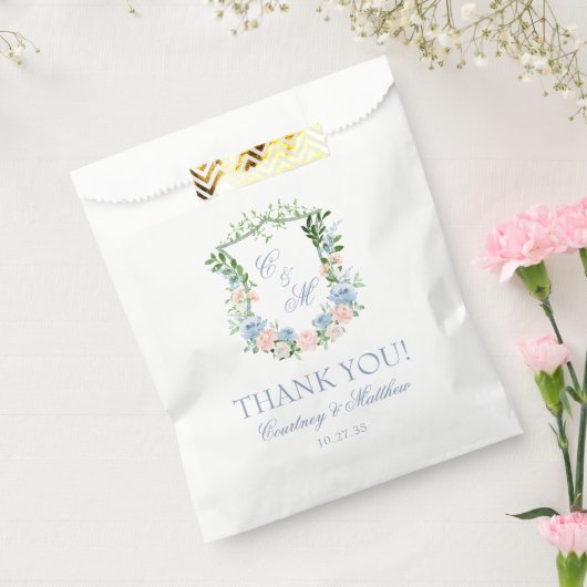Dusty Blue Floral Crest Bedankt Bedankzakje (Gezegeld)