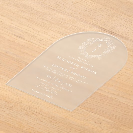 Dusty Blue Floral Crest Monogram Bruiloft Acryl Uitnodigingen (Laagn)