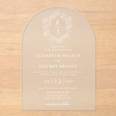 Dusty Blue Floral Crest Monogram Bruiloft Acryl Uitnodigingen (Voorkant)