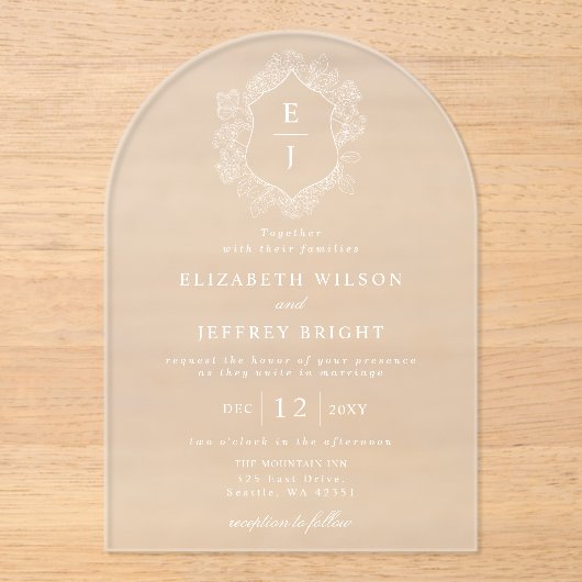 Dusty Blue Floral Crest Monogram Bruiloft Acryl Uitnodigingen (Voorkant)