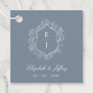 Dusty Blue Floral Crest Monogram Bruiloft Bedankjes Labels