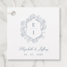 Dusty Blue Floral Crest Monogram Bruiloft Bedankjes Labels