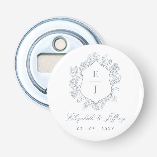 Dusty Blue Floral Crest Monogram Bruiloft Button Flesopener (Voorkant)