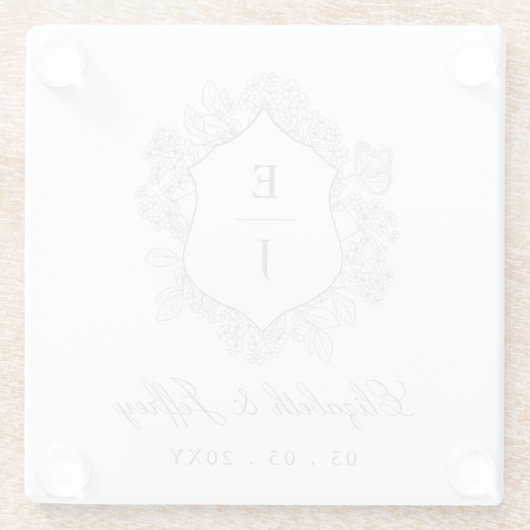 Dusty Blue Floral Crest Monogram Bruiloft Glazen Onderzetter (Achterkant)
