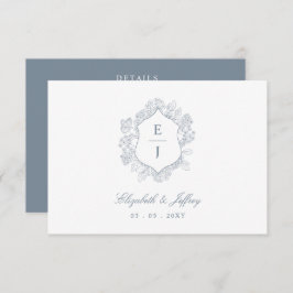 Dusty Blue Floral Crest Monogram Bruiloft Informatiekaartje
