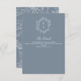 Dusty Blue Floral Crest Monogram Bruiloft Informatiekaartje