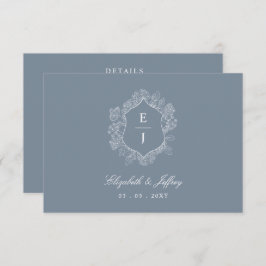 Dusty Blue Floral Crest Monogram Bruiloft Informatiekaartje
