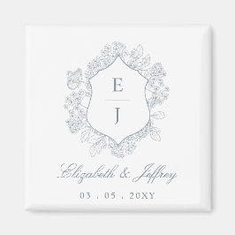 Dusty Blue Floral Crest Monogram Bruiloft Magneet