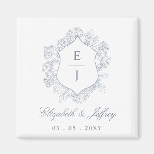 Dusty Blue Floral Crest Monogram Bruiloft Magneet