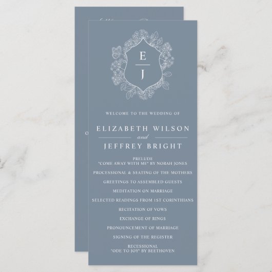 Dusty Blue Floral Crest Monogram Bruiloft Programmakaart (Voorkant / Achterkant)