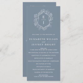 Dusty Blue Floral Crest Monogram Bruiloft Programmakaart