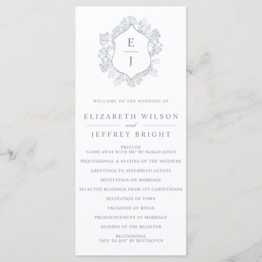 Dusty Blue Floral Crest Monogram Bruiloft Programmakaart (Voorkant)