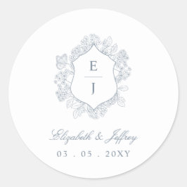Dusty Blue Floral Crest Monogram Bruiloft Ronde Sticker