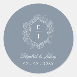 Dusty Blue Floral Crest Monogram Bruiloft Ronde Sticker