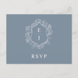 Dusty Blue Floral Crest Monogram Bruiloft RSVP Briefkaart