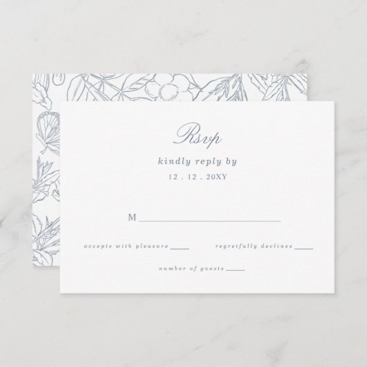 Dusty Blue Floral Crest Monogram Bruiloft RSVP Kaartje (Voorkant / Achterkant)