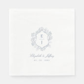 Dusty Blue Floral Crest Monogram Bruiloft Servet (Voorkant)