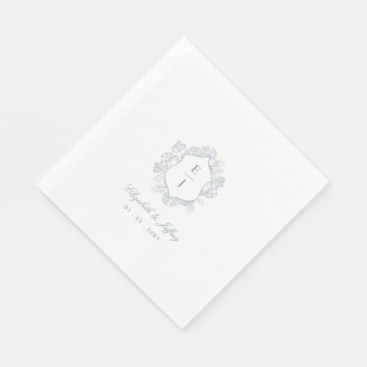Dusty Blue Floral Crest Monogram Bruiloft Servet (Hoek)