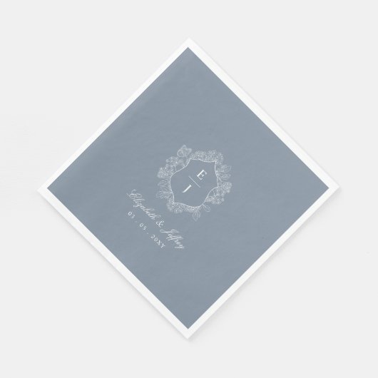 Dusty Blue Floral Crest Monogram Bruiloft Servet (Hoek)