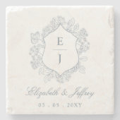 Dusty Blue Floral Crest Monogram Bruiloft Stenen Onderzetter (Voorkant)