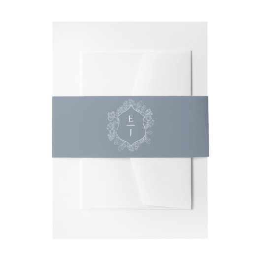 Dusty Blue Floral Crest Monogram Bruiloft Uitnodigingen Wikkel (Voorkant Voorbeeld)