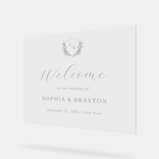 Dusty Blue Floral Crest Monogram Bruiloft Welkom Acryl Bord (Hoek)