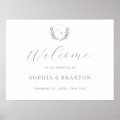 Dusty Blue Floral Crest Monogram Bruiloft Welkom Poster (Voorkant)