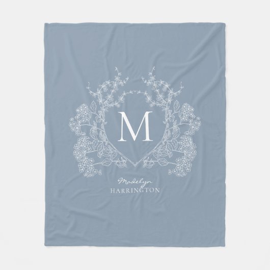  Dusty Blue Floral Crest Monogram Fleece Deken (Voorkant)