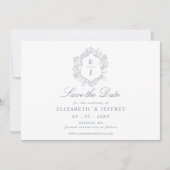 Dusty Blue Floral Crest Monogram Foto Save The Date (Voorkant)