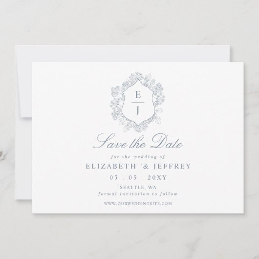 Dusty Blue Floral Crest Monogram Foto Save The Date (Voorkant)
