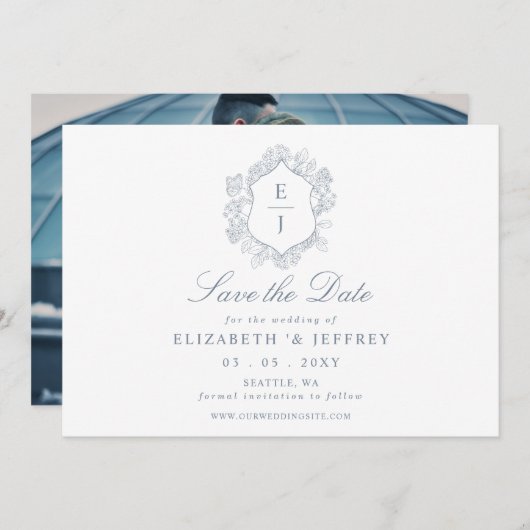 Dusty Blue Floral Crest Monogram Foto Save The Date (Voorkant / Achterkant)