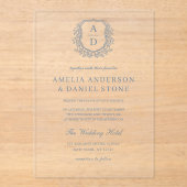 Dusty Blue Floral Crest Monogram Huwelijk Elegant Acryl Uitnodigingen (Voorkant)