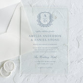 Dusty Blue Floral Crest Monogram Huwelijk Elegant Acryl Uitnodigingen