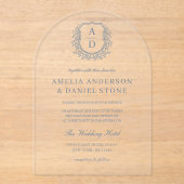 Dusty Blue Floral Crest Monogram Huwelijk Elegant Acryl Uitnodigingen (Voorkant)