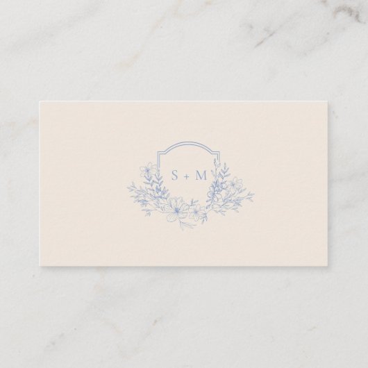 Dusty Blue Floral Crest Monogrammed Honeymoon Wish Informatiekaartje (Achterkant)