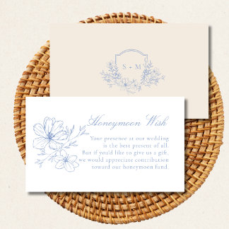 Dusty Blue Floral Crest Monogrammed Honeymoon Wish Informatiekaartje