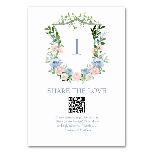 Dusty Blue Floral Crest QR Code Foto delen Kaart (Achterkant)