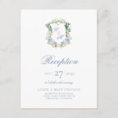 Dusty Blue Floral Crest receptie Informatiekaartje (Voorkant)