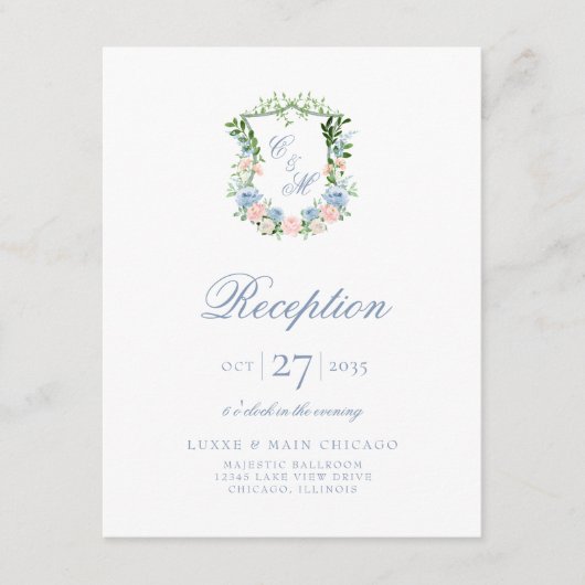 Dusty Blue Floral Crest receptie Informatiekaartje (Voorkant)