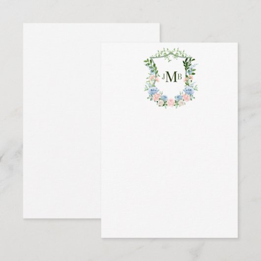 Dusty Blue Floral Crest Wedding Bedankkaart (Voorkant / Achterkant)