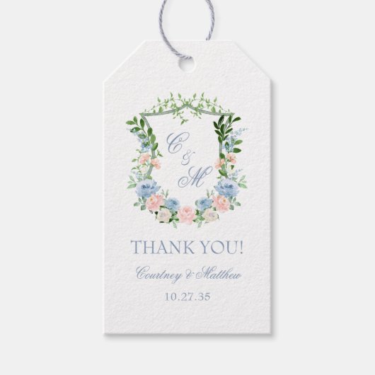 Dusty Blue Floral Crest Wedding Bedankt Cadeaulabel (Voorkant)