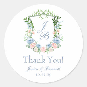 Dusty Blue Floral Crest Wedding Bedankt Ronde Sticker